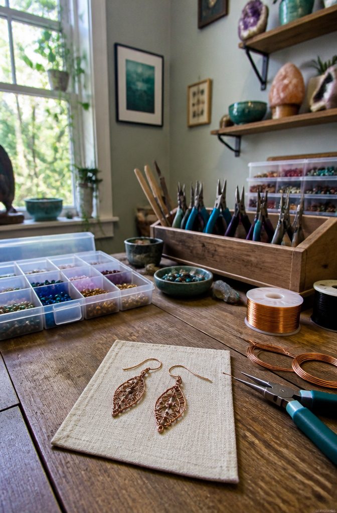 How to Make Wire Jewelry: 6 Steps for Wrapping and Setting Stones 9 A tidy workspace with tools and materials for making wire jewelry.