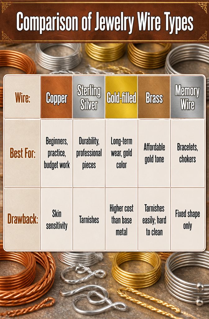 How to Make Wire Jewelry: 6 Steps for Wrapping and Setting Stones 7 An informative image showing various types of jewelry wire.