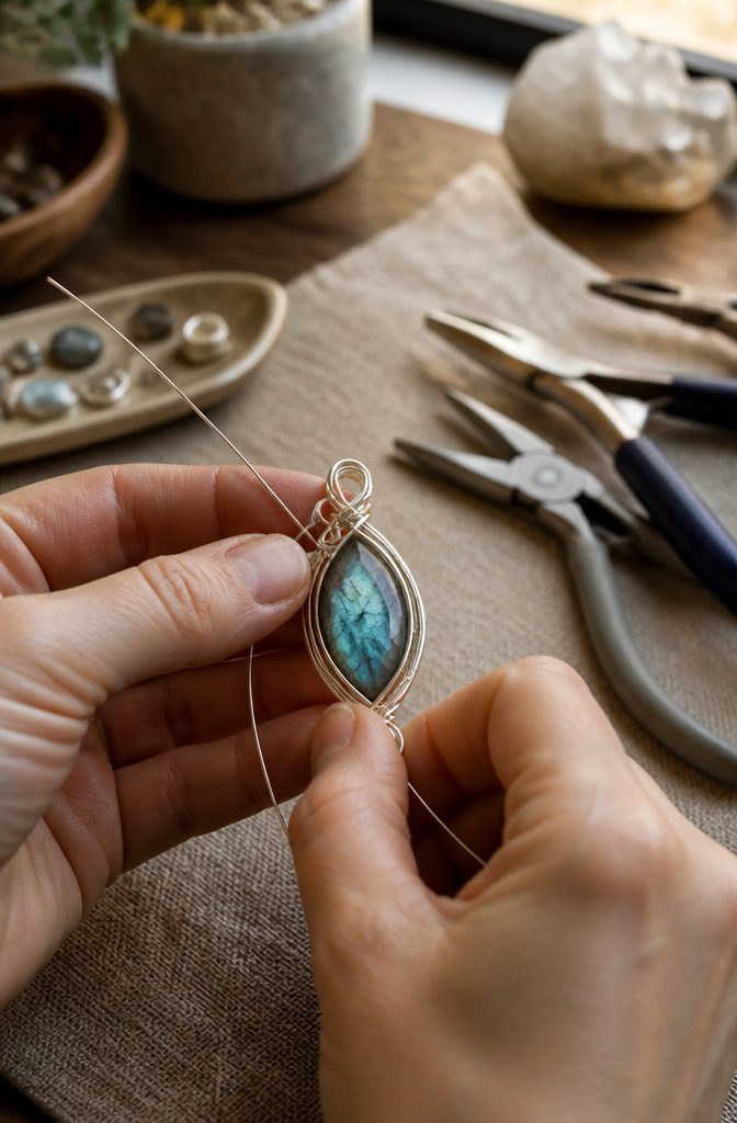 How to Make Wire Jewelry: 6 Steps for Wrapping and Setting Stones 3 Macro shot of hands wrapping a gemstone in silver wire.