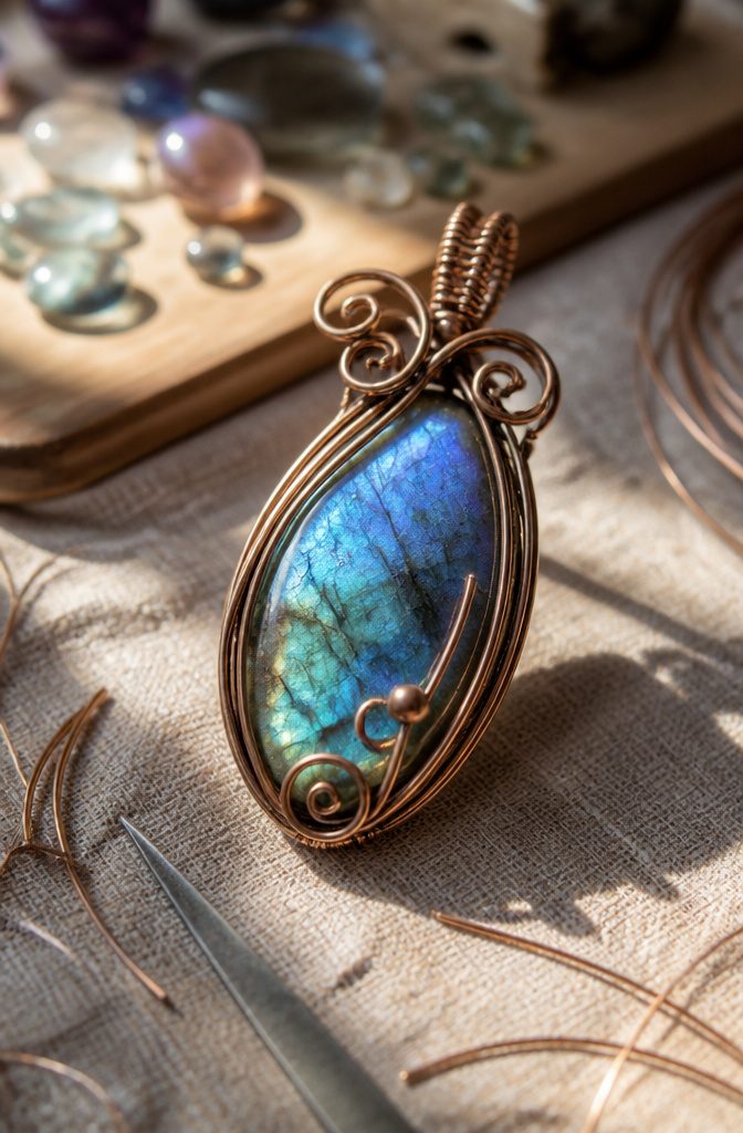 Wire Wrapping Jewelry: How to Wire Wrap a Stone Pendant 5 Decorative wire flourishes and trimmed ends around a pendant bail.