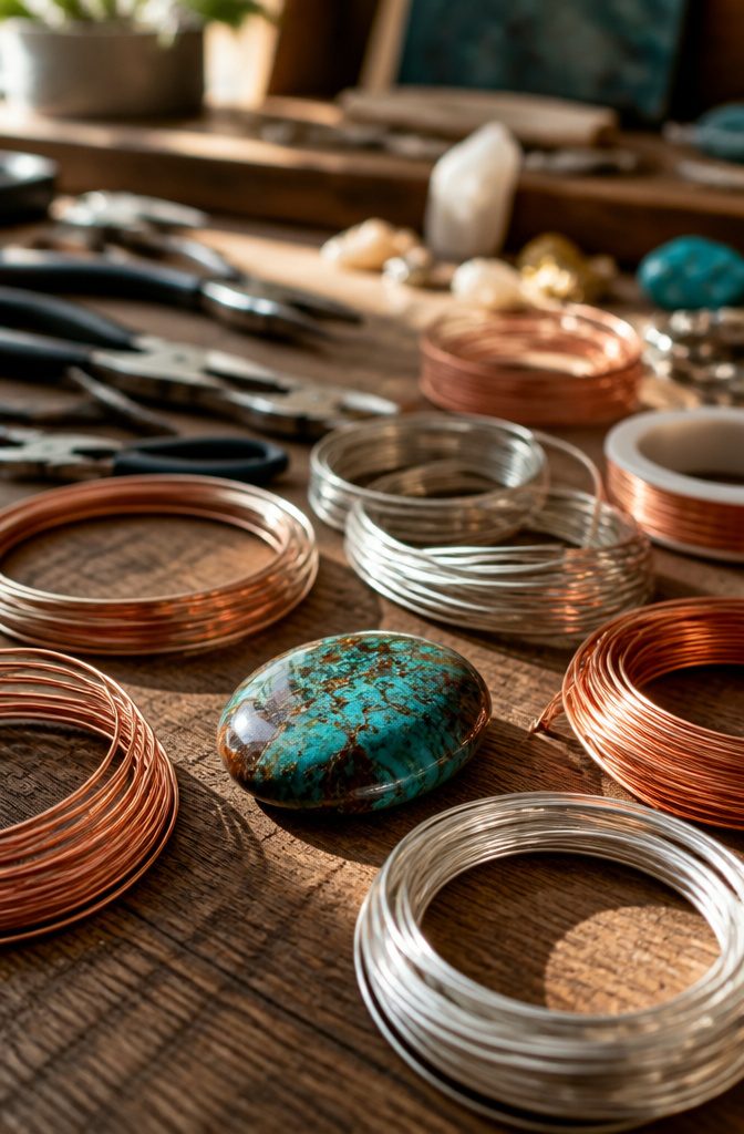 Wire Wrapping Jewelry: How to Wire Wrap a Stone Pendant 1 Polished cabochon stone on wood with rolls of copper and silver wire.