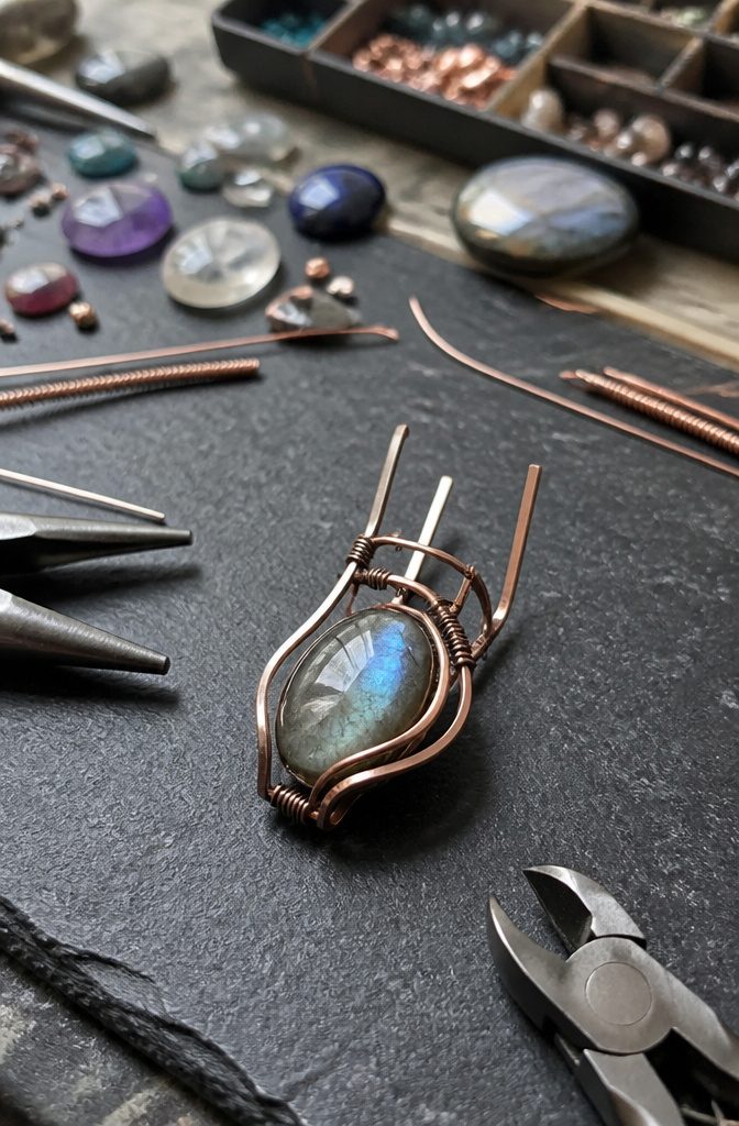 Wire Wrapping Jewelry: How to Wire Wrap a Stone Pendant 2 Partially finished wire frame around a cabochon stone on a dark surface.