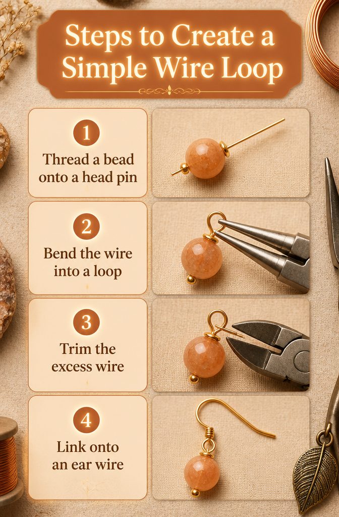 Wire Wrapping Jewelry: How to Wire Wrap a Stone Pendant 8 Visual guide showing how to create a simple wire loop with a bead.