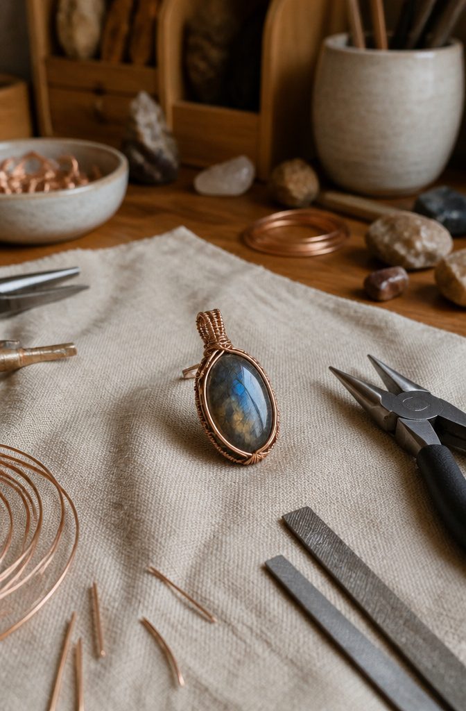 Wire Wrapping Jewelry: How to Wire Wrap a Stone Pendant 4 Cabochon pendant on linen fabric with a finished bail and wire.
