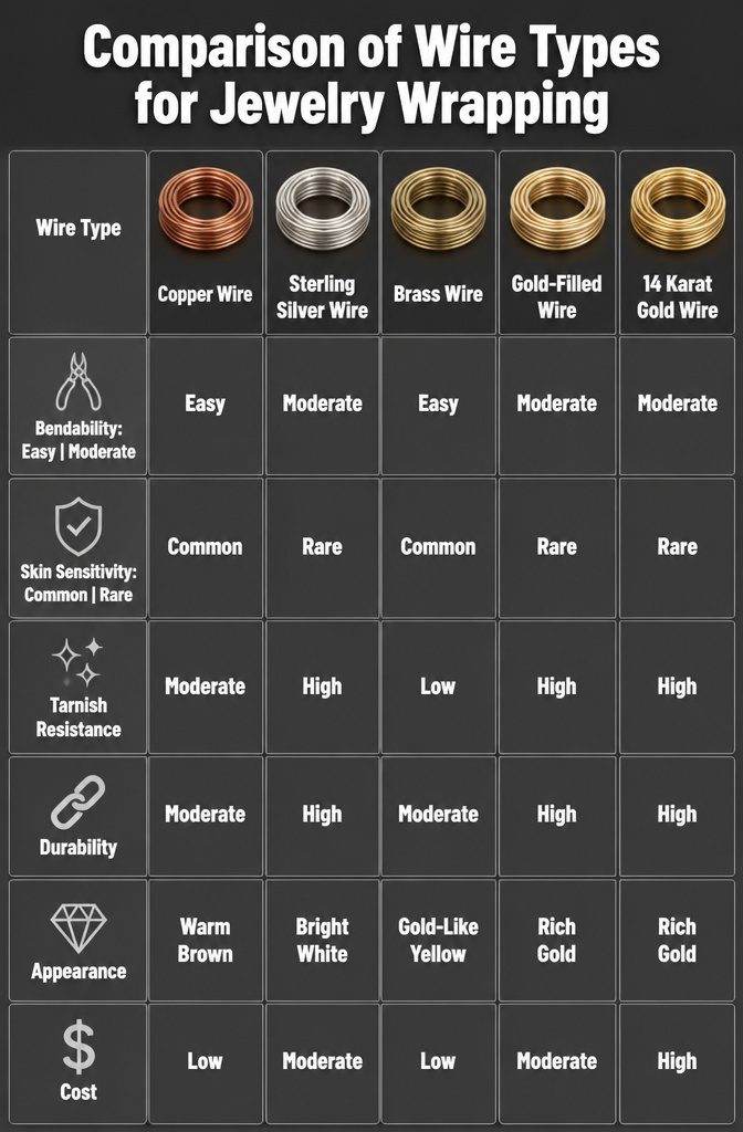 Wire Wrapping Jewelry: How to Wire Wrap a Stone Pendant 7 Display of copper, sterling silver, and brass wire types for jewelry.