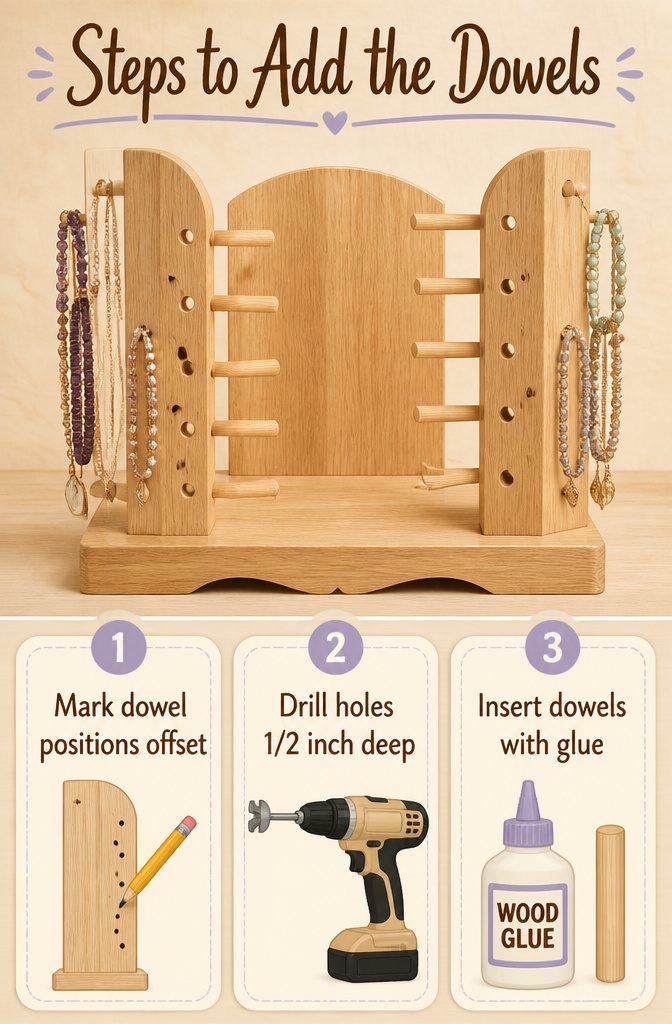 How to Build a Wooden Jewelry Holder: 5 Design Ideas 4 Information image detailing steps to add dowels to the jewelry holder.