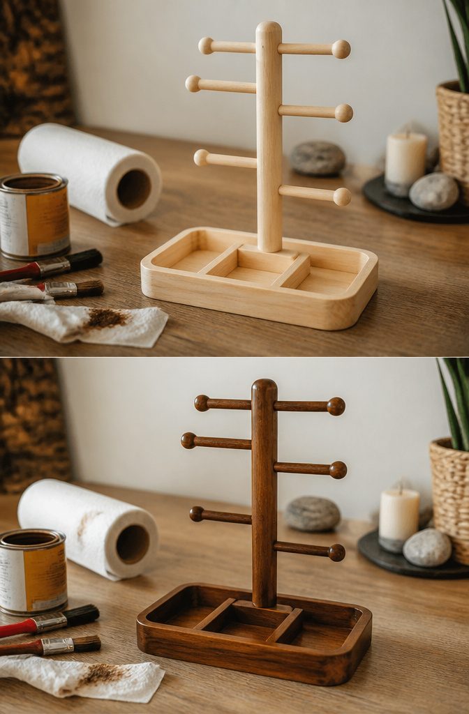 How to Build a Wooden Jewelry Holder: 5 Design Ideas 6 Photograph illustrating the application of finish on a wooden holder.
