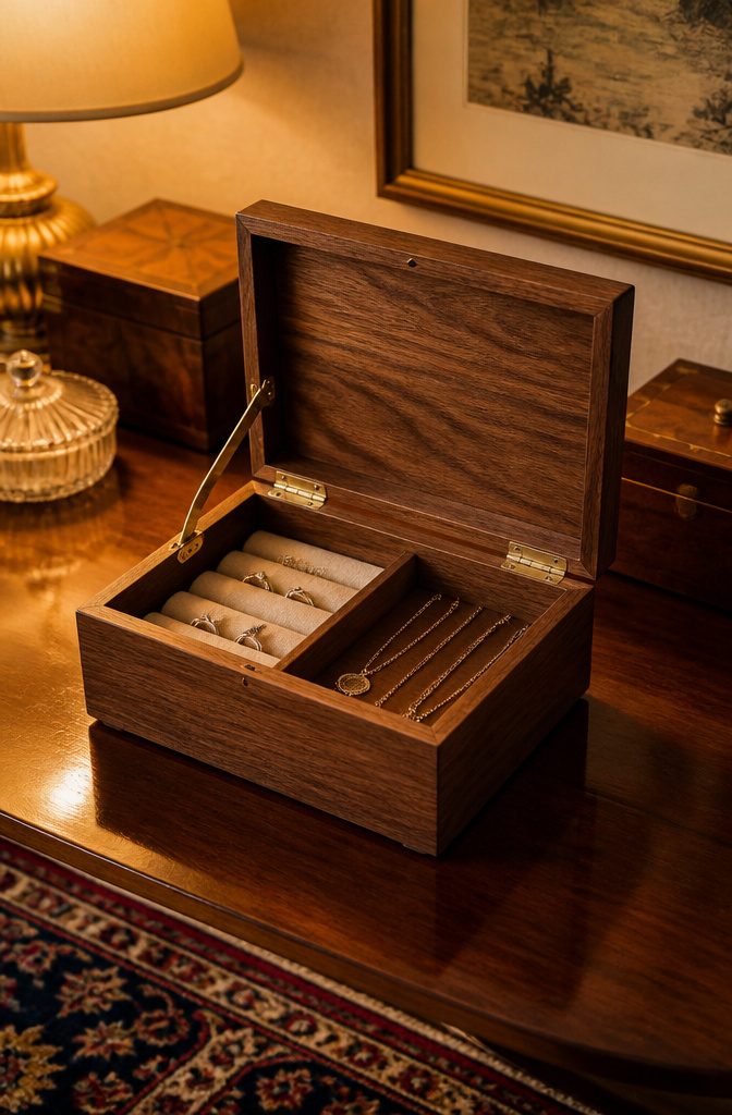 How to Build a Wooden Jewelry Holder: 5 Design Ideas 10 Photograph of a wooden box-style jewelry holder with a lid.