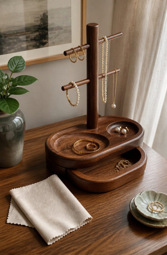How to Build a Wooden Jewelry Holder: 5 Design Ideas 13 Photograph of a wooden jewelry holder with a care note beside it.