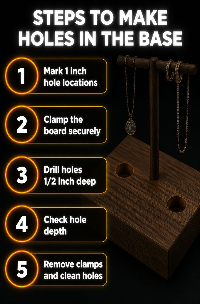 How to Build a Wooden Jewelry Holder: 5 Design Ideas 3 Information image showing steps to make holes in a wooden base.