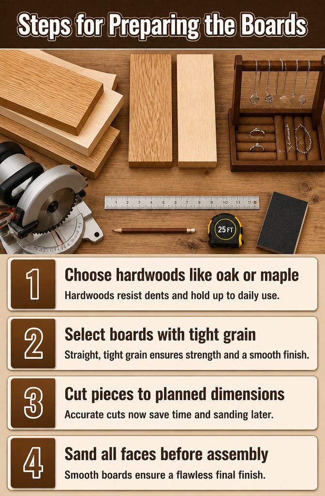 How to Build a Wooden Jewelry Holder: 5 Design Ideas 1 Information image detailing steps for preparing wooden boards.