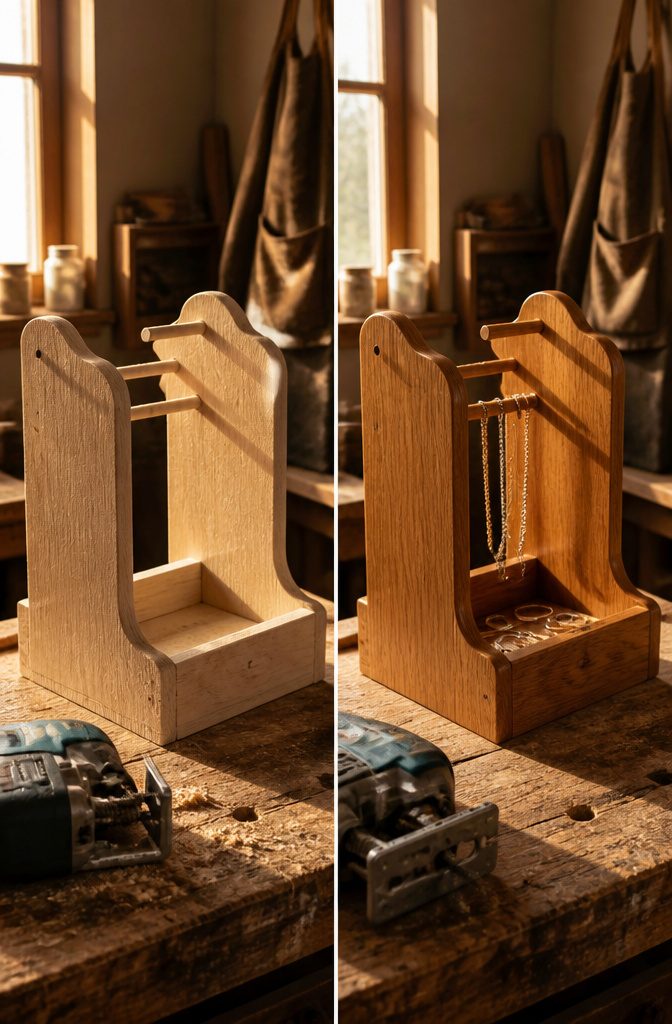 How to Build a Wooden Jewelry Holder: 5 Design Ideas 2 Photograph showing the process of shaping edges on wooden pieces.