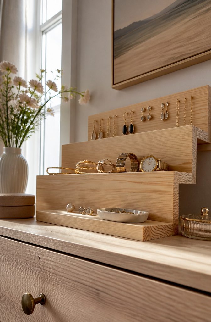 How to Build a Wooden Jewelry Holder: 5 Design Ideas 9 Photograph showing a tiered wooden jewelry holder with multiple levels.